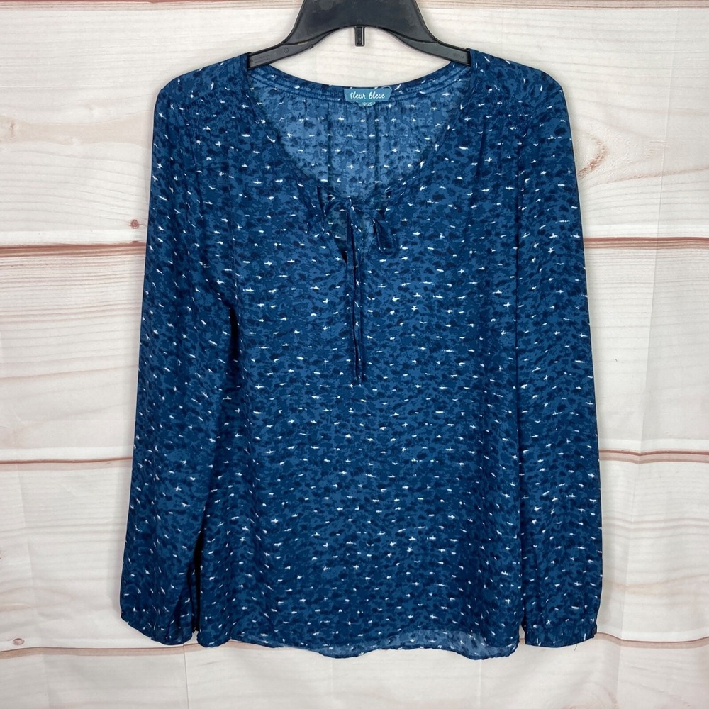 Fleur Bleue Top Womens M Blue Tie Neck Blouse Long Sleeve Printed Pullover Woven